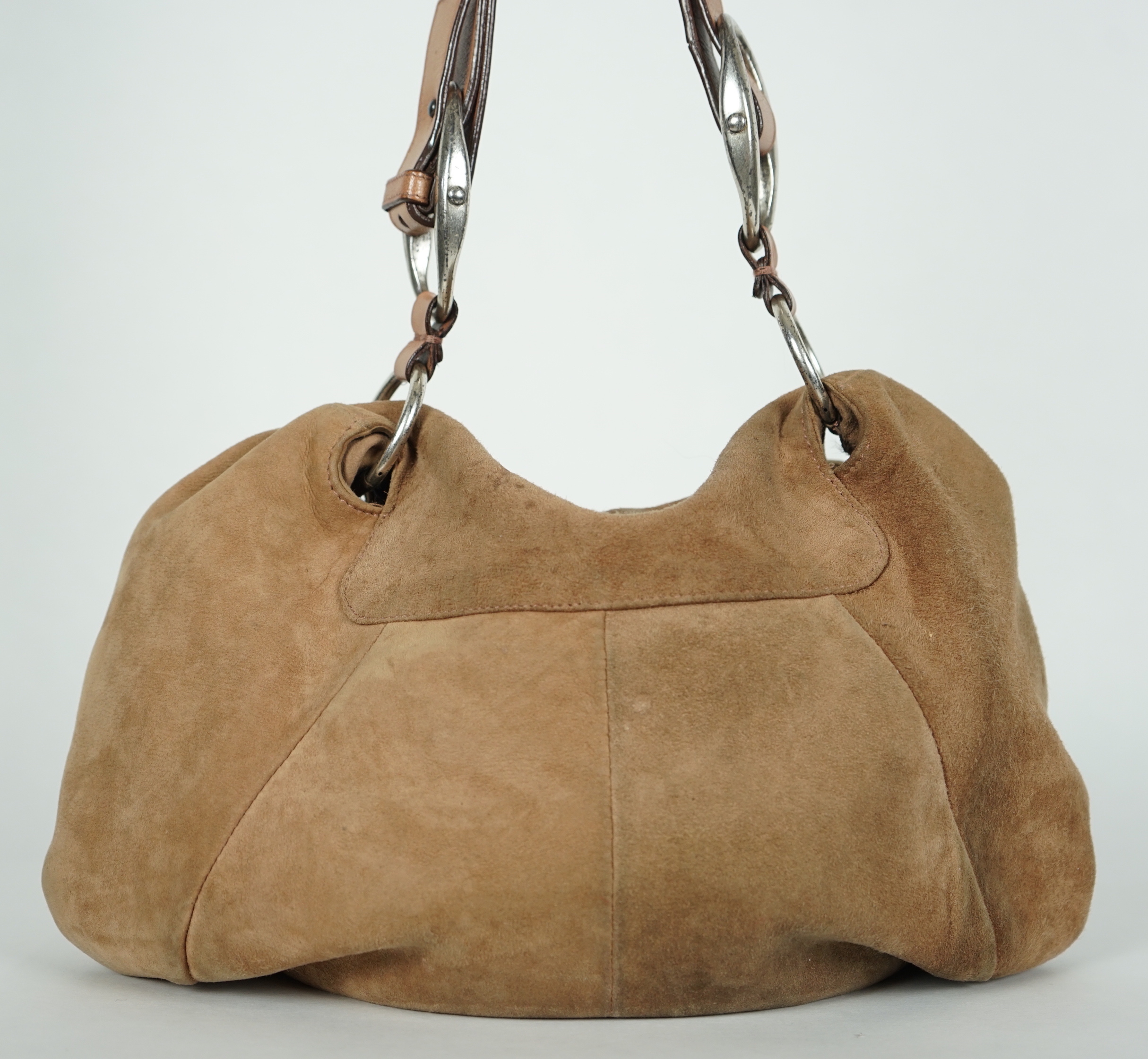 A Yves Saint Laurent rive gauche camel/ sand-brown sueded leather Nadja Rose Petal shoulder bag, designed by Tom Ford, width 36cm, height 33cm, depth 5cm